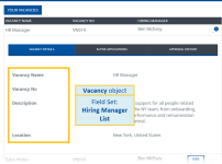 Annotated screenshot: Fields in the Hiring Manager List Field Set on a Vacancy Details page